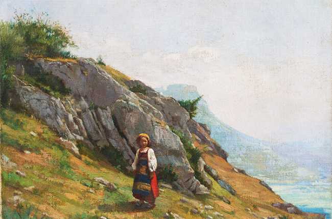 Antonio Maria Cotti Paesaggio montano con bambina in custume ultimo quarto XIX sec